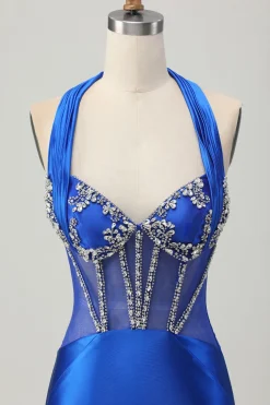 Fuchsia Bodycon Halter Backless cetim Homecoming vestido com strass