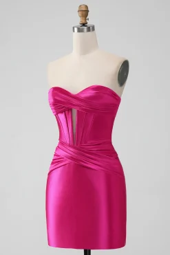 Fuchsia Bodycon Querida Cetim Corset Vestido Curto Homecoming