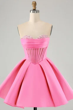 Fuchsia bonito uma linha querida Corset Homecoming Dress com missangas
