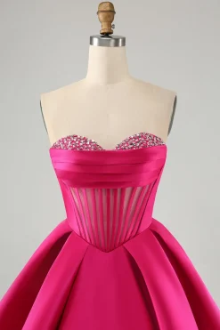 Fuchsia bonito uma linha querida Corset Homecoming Dress com missangas