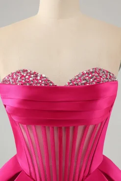 Fuchsia bonito uma linha querida Corset Homecoming Dress com missangas