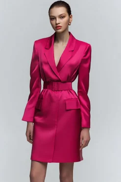 Fuchsia Cetim Notched Lapela Bodycon Vestido de Trabalho