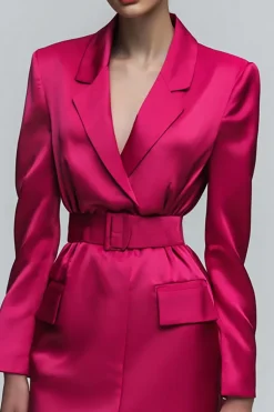 Fuchsia Cetim Notched Lapela Bodycon Vestido de Trabalho