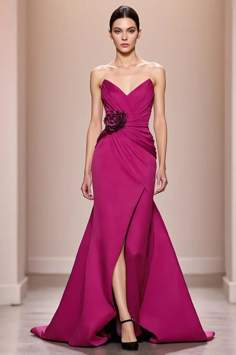 Fuchsia cetim uma linha sem alças longo vestido de noite com flor 3D
