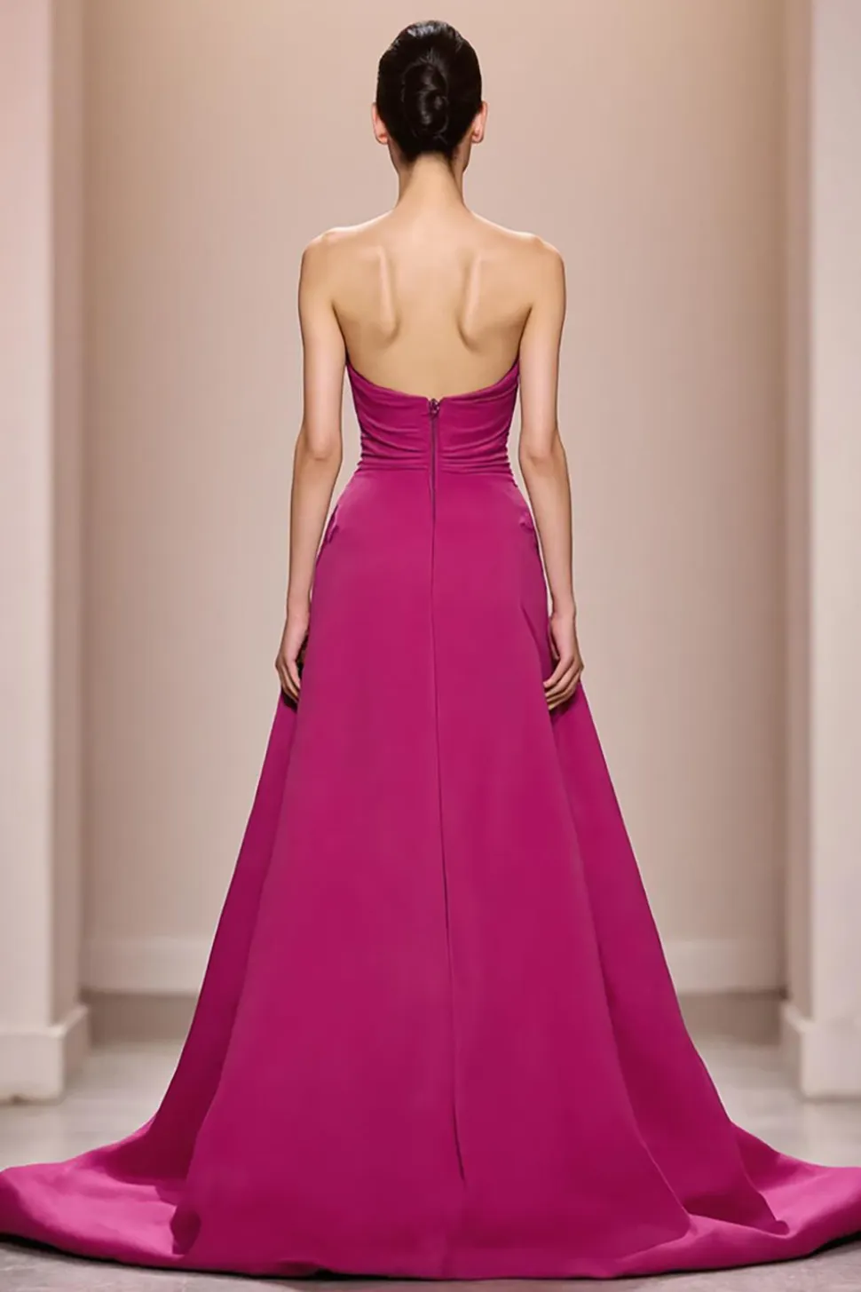Fuchsia cetim uma linha sem alças longo vestido de noite com flor 3D