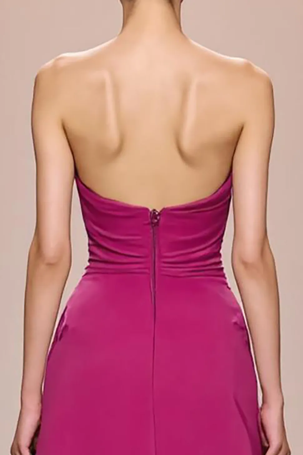 Fuchsia cetim uma linha sem alças longo vestido de noite com flor 3D