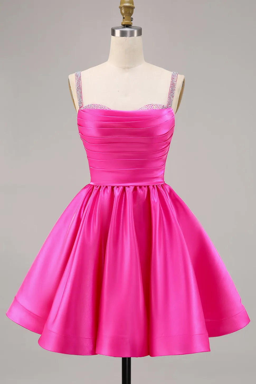 Fuchsia Cetim Uma Linha Vestido Curto Homecoming com Missangas