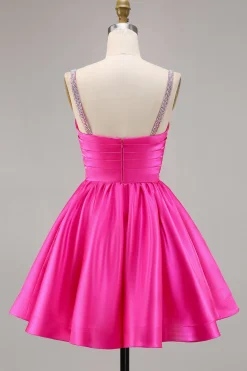 Fuchsia Cetim Uma Linha Vestido Curto Homecoming com Missangas