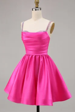 Fuchsia Cetim Uma Linha Vestido Curto Homecoming com Missangas