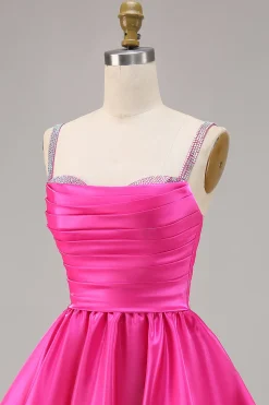 Fuchsia Cetim Uma Linha Vestido Curto Homecoming com Missangas