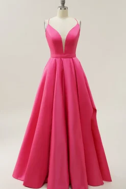 Fuchsia Cintas de Espaguete A-Line Vestido de Baile