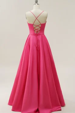 Fuchsia Cintas de Espaguete A-Line Vestido de Baile