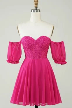 Fuchsia Corset A-Line Chiffon Vestido Curto Homecoming com Renda