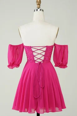 Fuchsia Corset A-Line Chiffon Vestido Curto Homecoming com Renda
