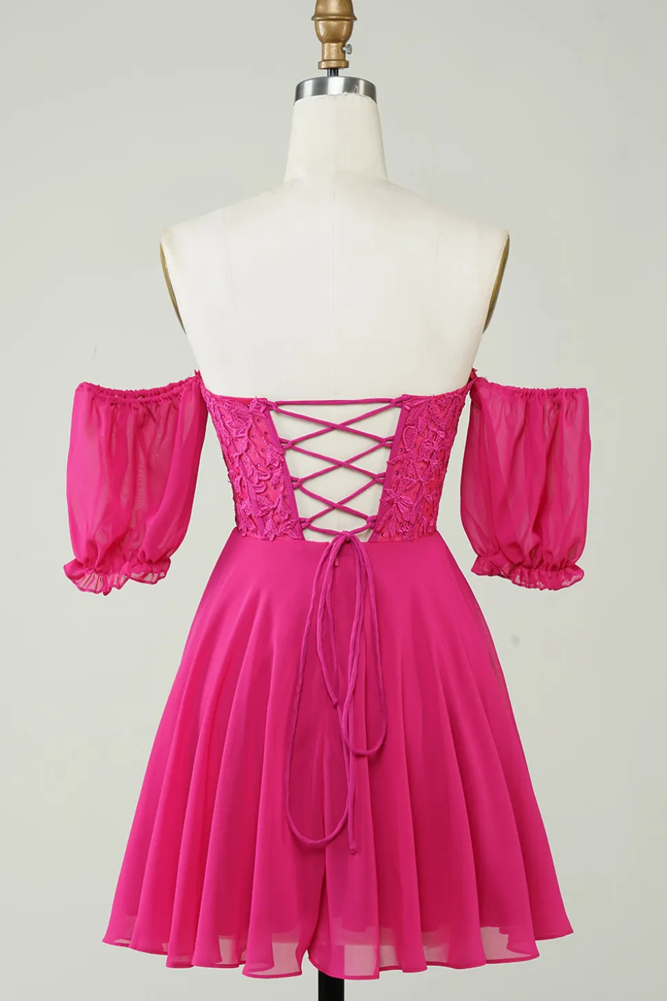 Fuchsia Corset A-Line Chiffon Vestido Curto Homecoming com Renda