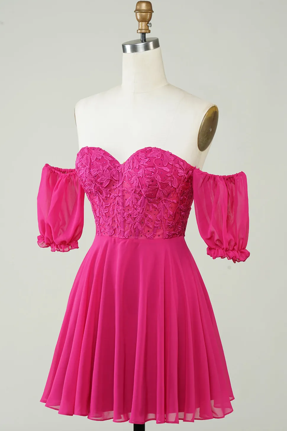 Fuchsia Corset A-Line Chiffon Vestido Curto Homecoming com Renda