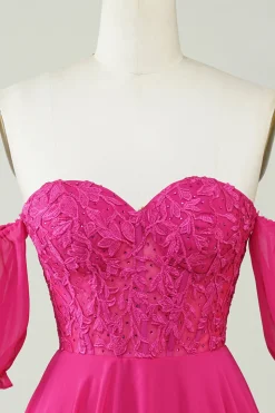 Fuchsia Corset A-Line Chiffon Vestido Curto Homecoming com Renda