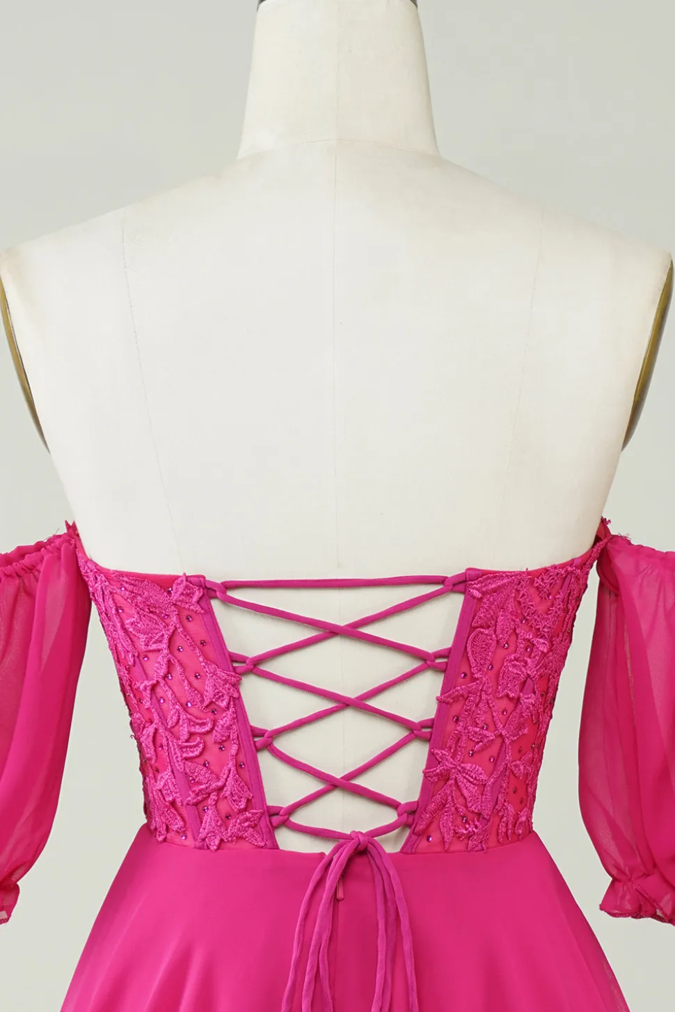 Fuchsia Corset A-Line Chiffon Vestido Curto Homecoming com Renda