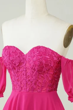Fuchsia Corset A-Line Chiffon Vestido Curto Homecoming com Renda