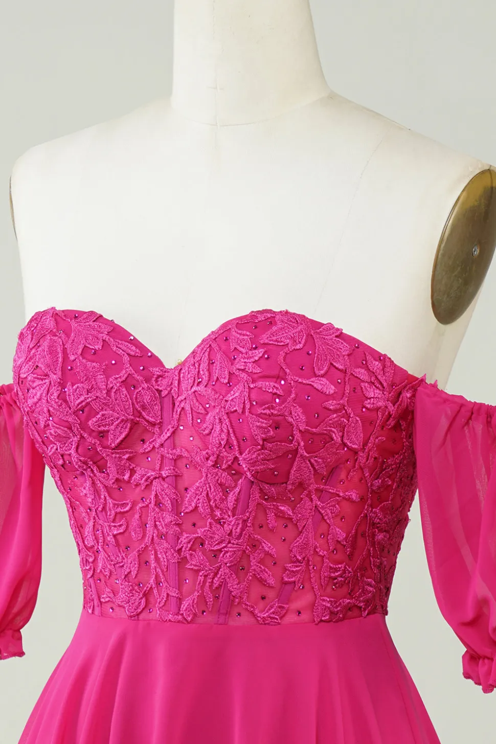 Fuchsia Corset A-Line Chiffon Vestido Curto Homecoming com Renda
