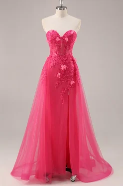 Fuchsia Corset Slit Strapless Long Prom Dress com Apliques