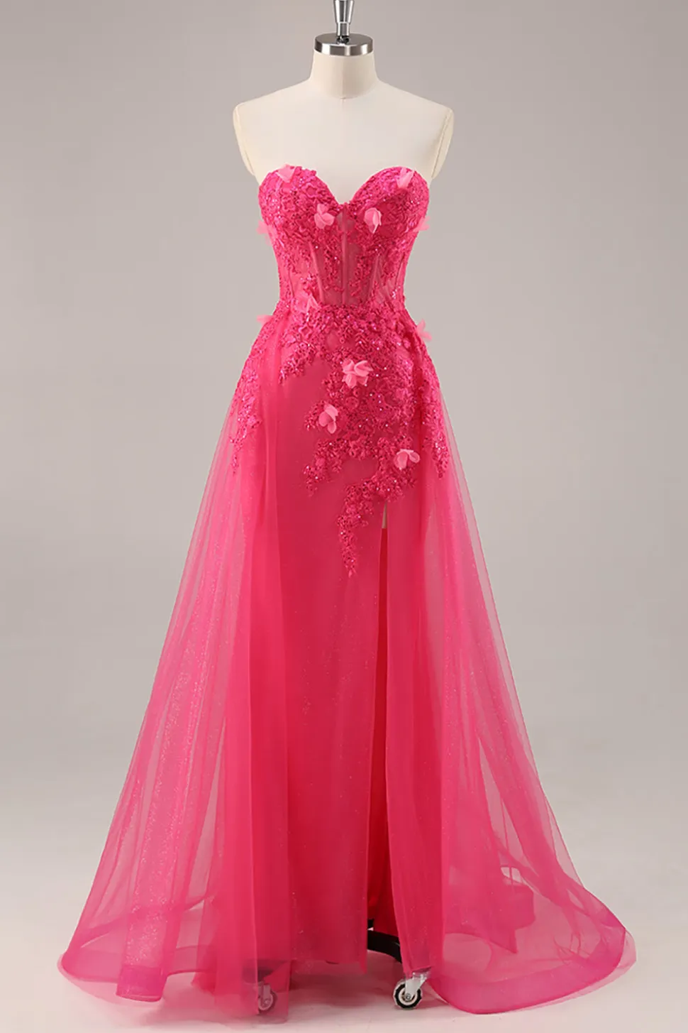 Fuchsia Corset Slit Strapless Long Prom Dress com Apliques