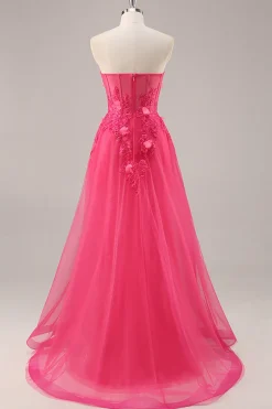 Fuchsia Corset Slit Strapless Long Prom Dress com Apliques