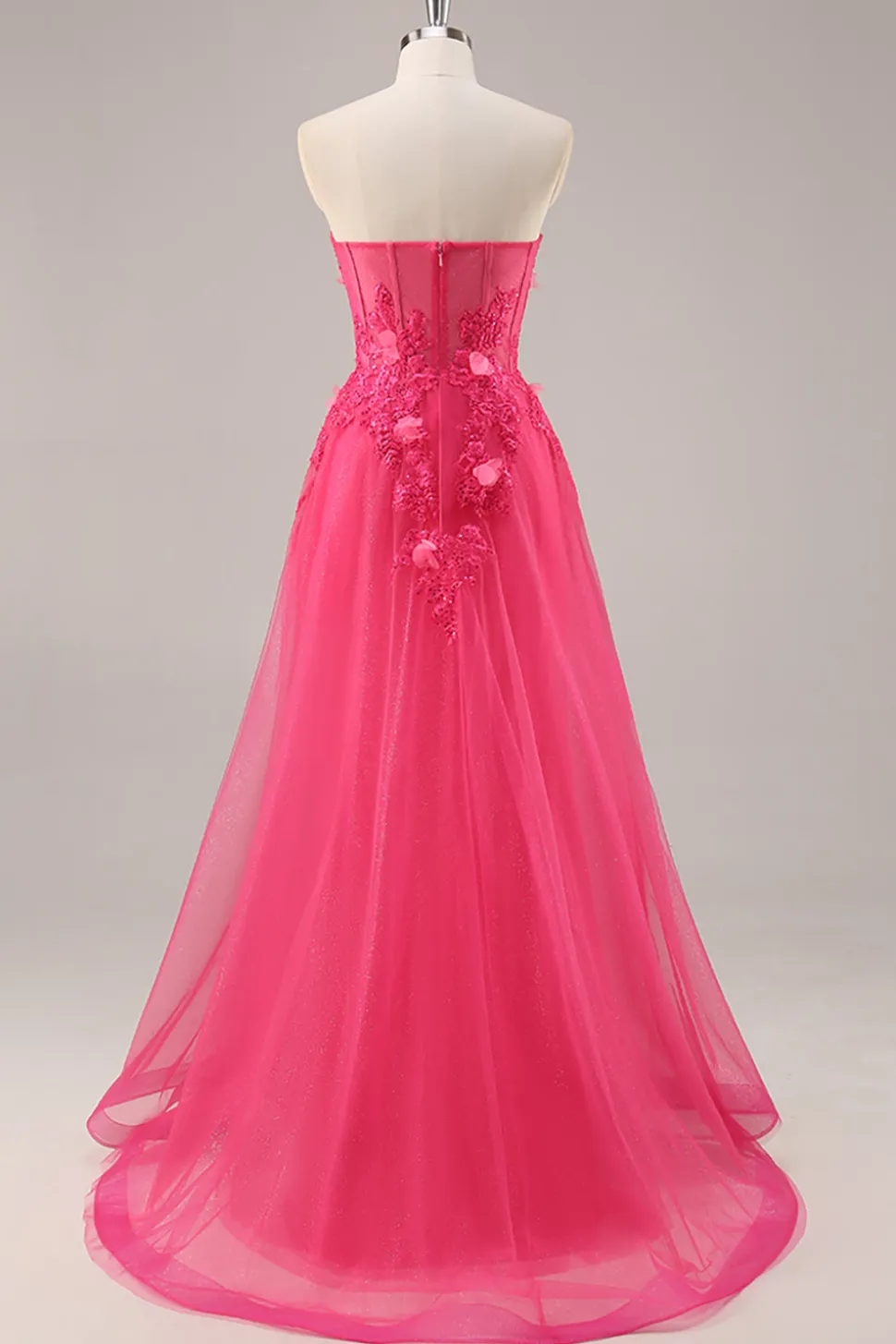 Fuchsia Corset Slit Strapless Long Prom Dress com Apliques