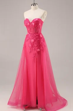 Fuchsia Corset Slit Strapless Long Prom Dress com Apliques