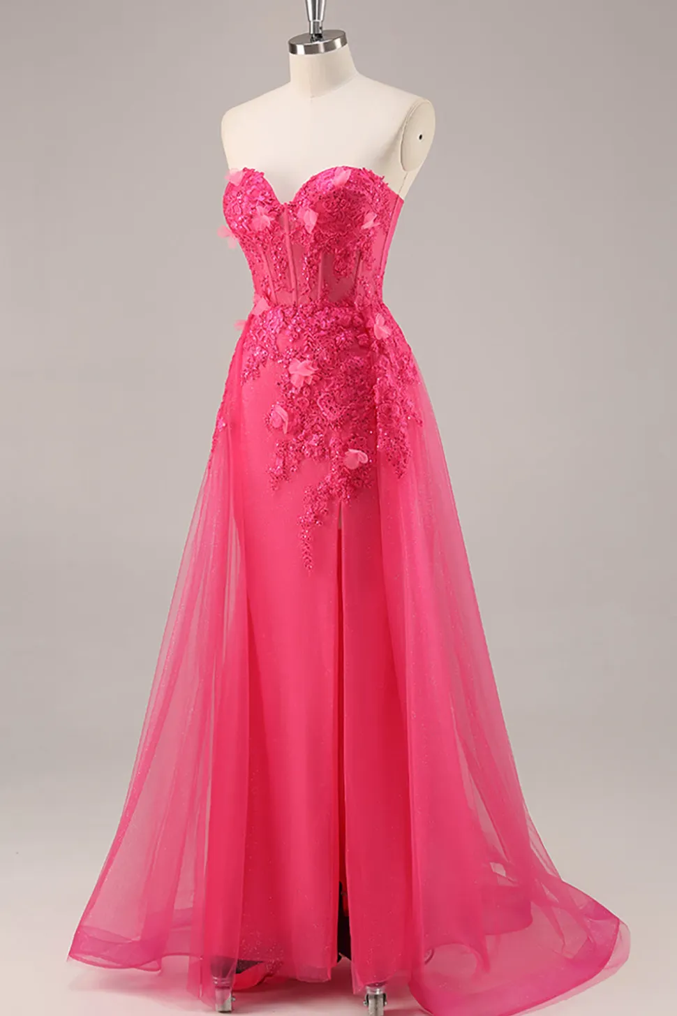 Fuchsia Corset Slit Strapless Long Prom Dress com Apliques