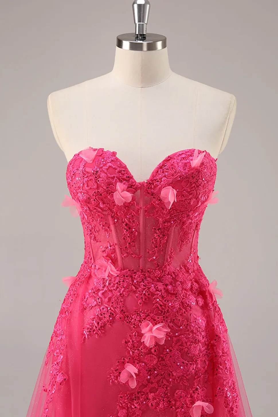 Fuchsia Corset Slit Strapless Long Prom Dress com Apliques