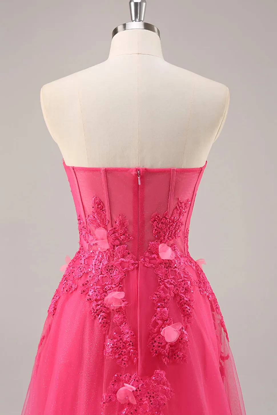 Fuchsia Corset Slit Strapless Long Prom Dress com Apliques