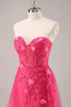 Fuchsia Corset Slit Strapless Long Prom Dress com Apliques