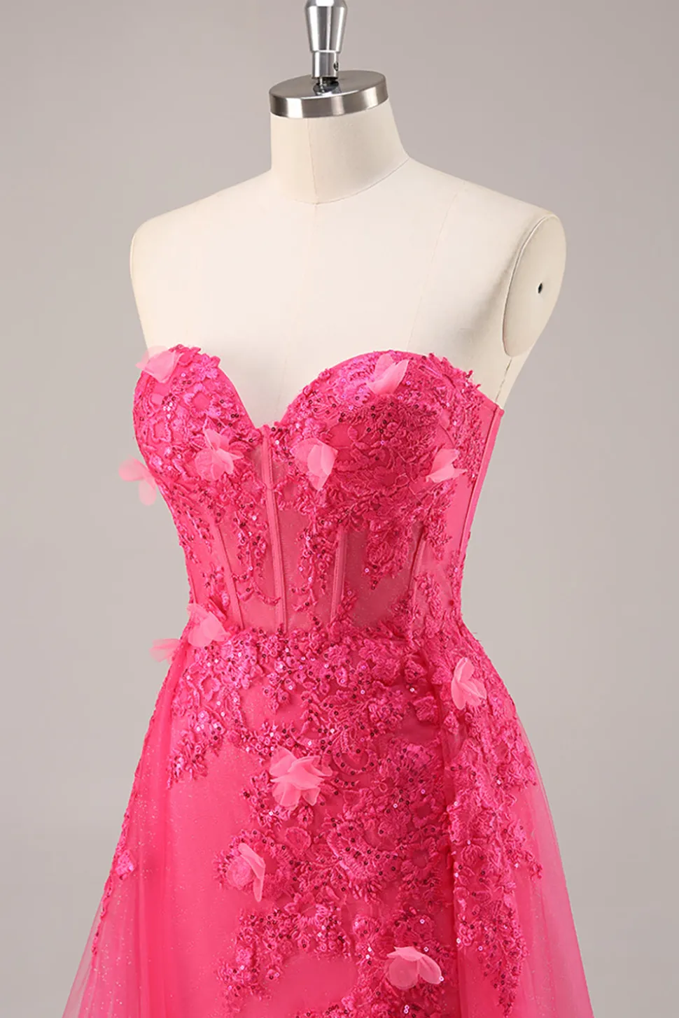 Fuchsia Corset Slit Strapless Long Prom Dress com Apliques