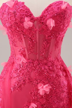 Fuchsia Corset Slit Strapless Long Prom Dress com Apliques