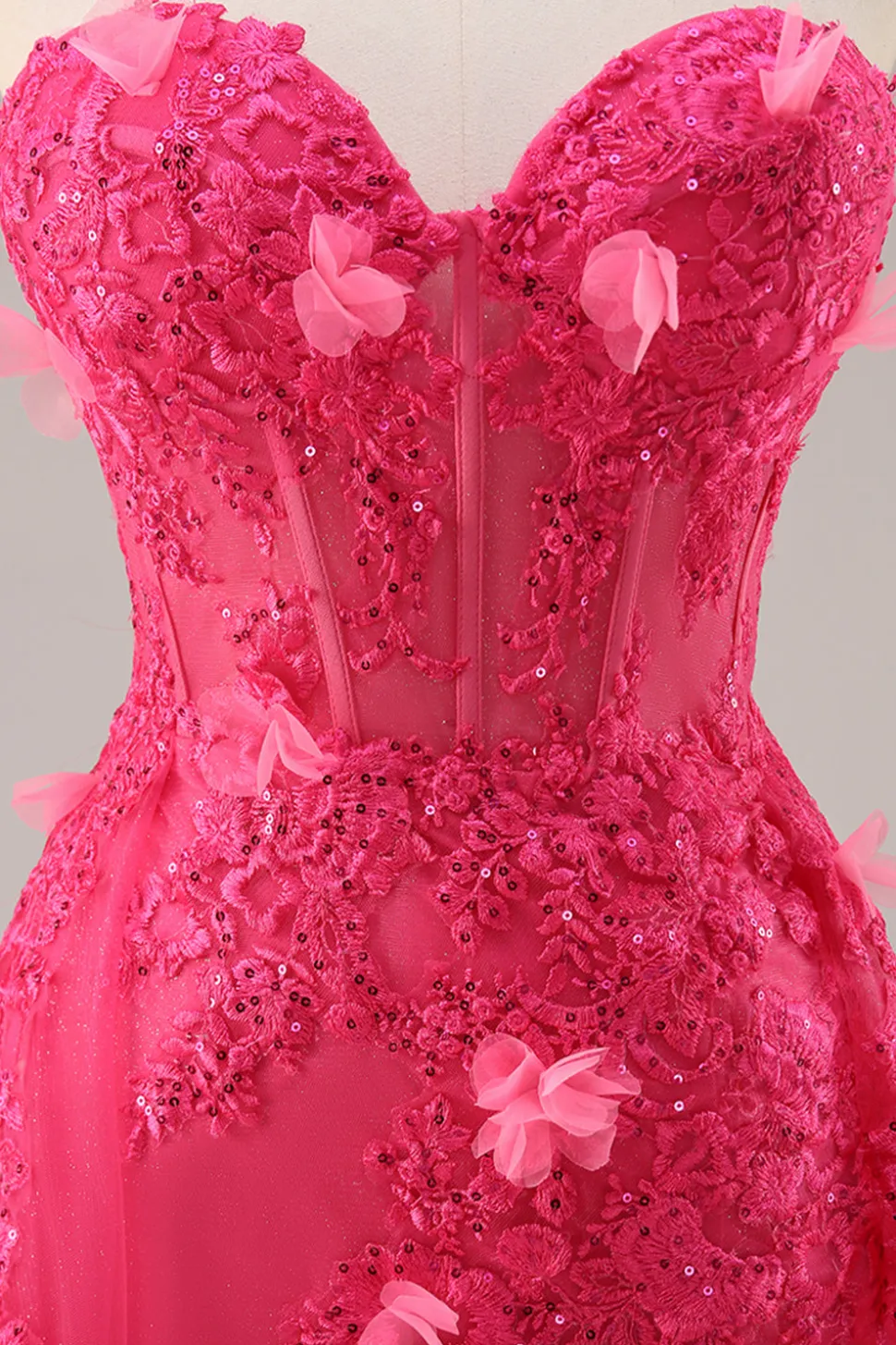 Fuchsia Corset Slit Strapless Long Prom Dress com Apliques