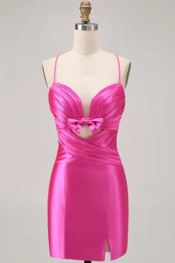 Fuchsia cortado plissado apertado Homecoming vestido com arco