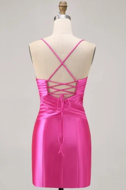 Fuchsia cortado plissado apertado Homecoming vestido com arco