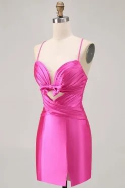Fuchsia cortado plissado apertado Homecoming vestido com arco