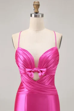 Fuchsia cortado plissado apertado Homecoming vestido com arco