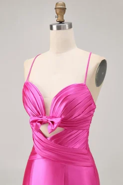 Fuchsia cortado plissado apertado Homecoming vestido com arco
