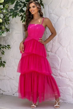 Fuchsia Esparguete Alças A-Line Tule Tiered Long Corset Vestido Formal