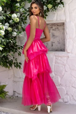 Fuchsia Esparguete Alças A-Line Tule Tiered Long Corset Vestido Formal