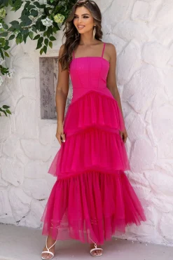 Fuchsia Esparguete Alças A-Line Tule Tiered Long Corset Vestido Formal