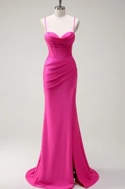 Fuchsia Esparguete Alças Sereia Vestido Longo Baile com Fenda