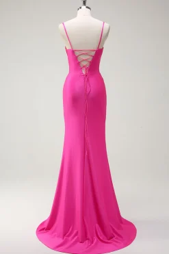 Fuchsia Esparguete Alças Sereia Vestido Longo Baile com Fenda