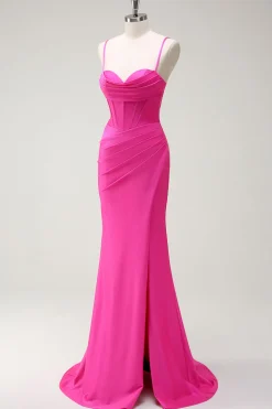 Fuchsia Esparguete Alças Sereia Vestido Longo Baile com Fenda