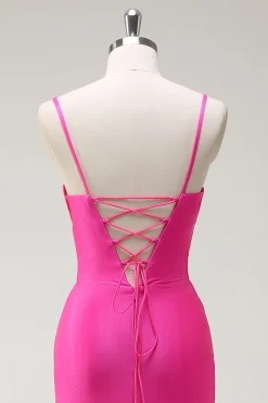 Fuchsia Esparguete Alças Sereia Vestido Longo Baile com Fenda