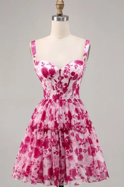 Fuchsia Espartilho Floral Uma Linha Vestido Homecoming Impresso