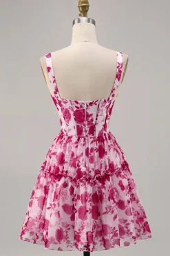 Fuchsia Espartilho Floral Uma Linha Vestido Homecoming Impresso